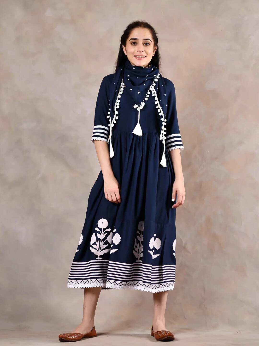 Rustorange Blue & blue Floral Crepe A-Line Midi Dress Price in India