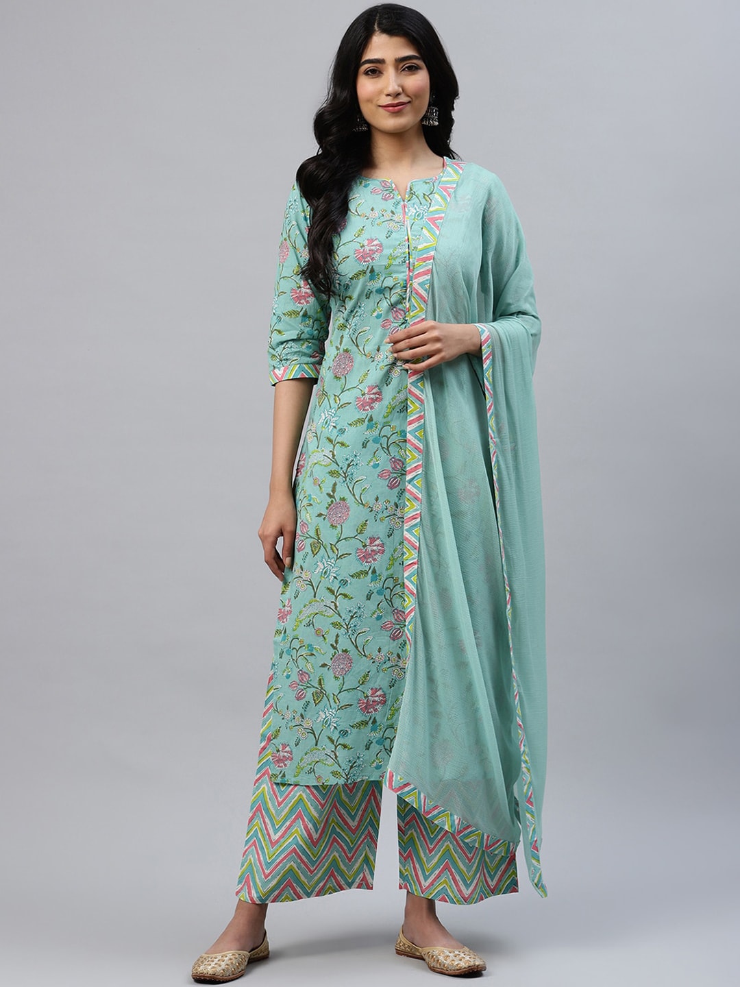 Libas Women Green Striped Kurta with Palazzos & Dupatta Price in India