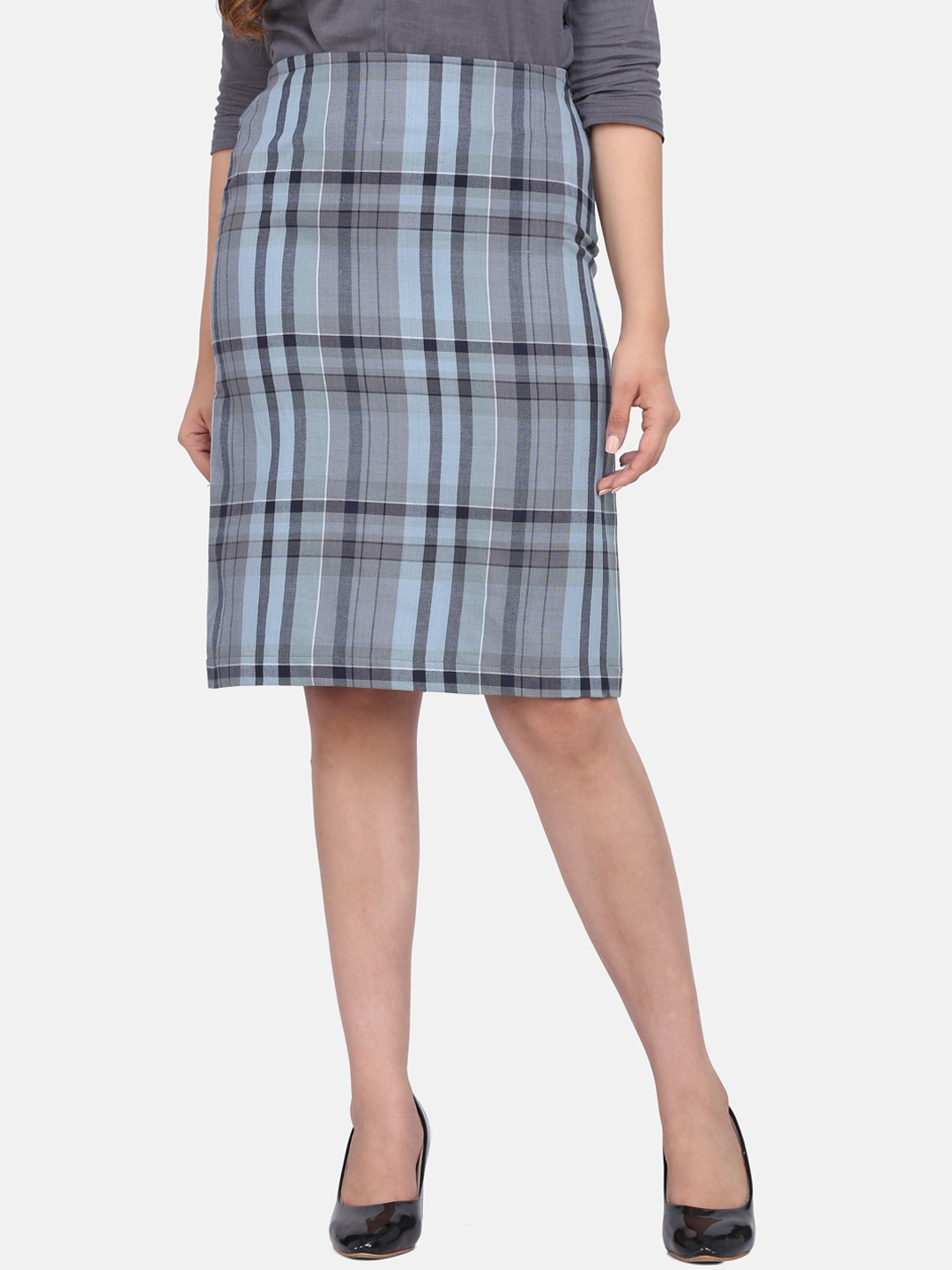 PowerSutra Women Grey & Blue Checked Printed Knee Length Straight Skirts Price in India