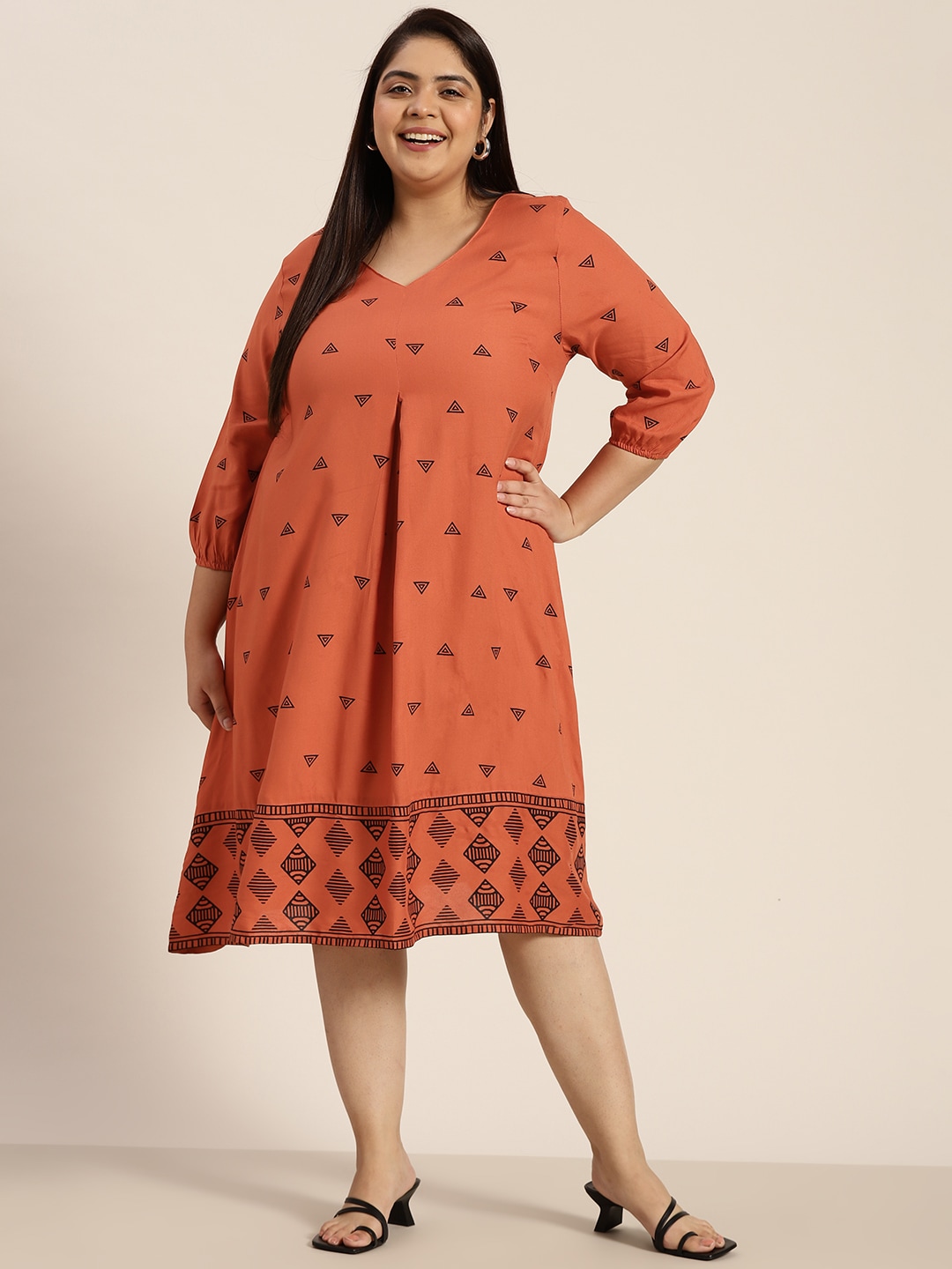 Sztori Plus Size Rust Orange & Black Geometric Print Pleated A-Line Midi Dress Price in India