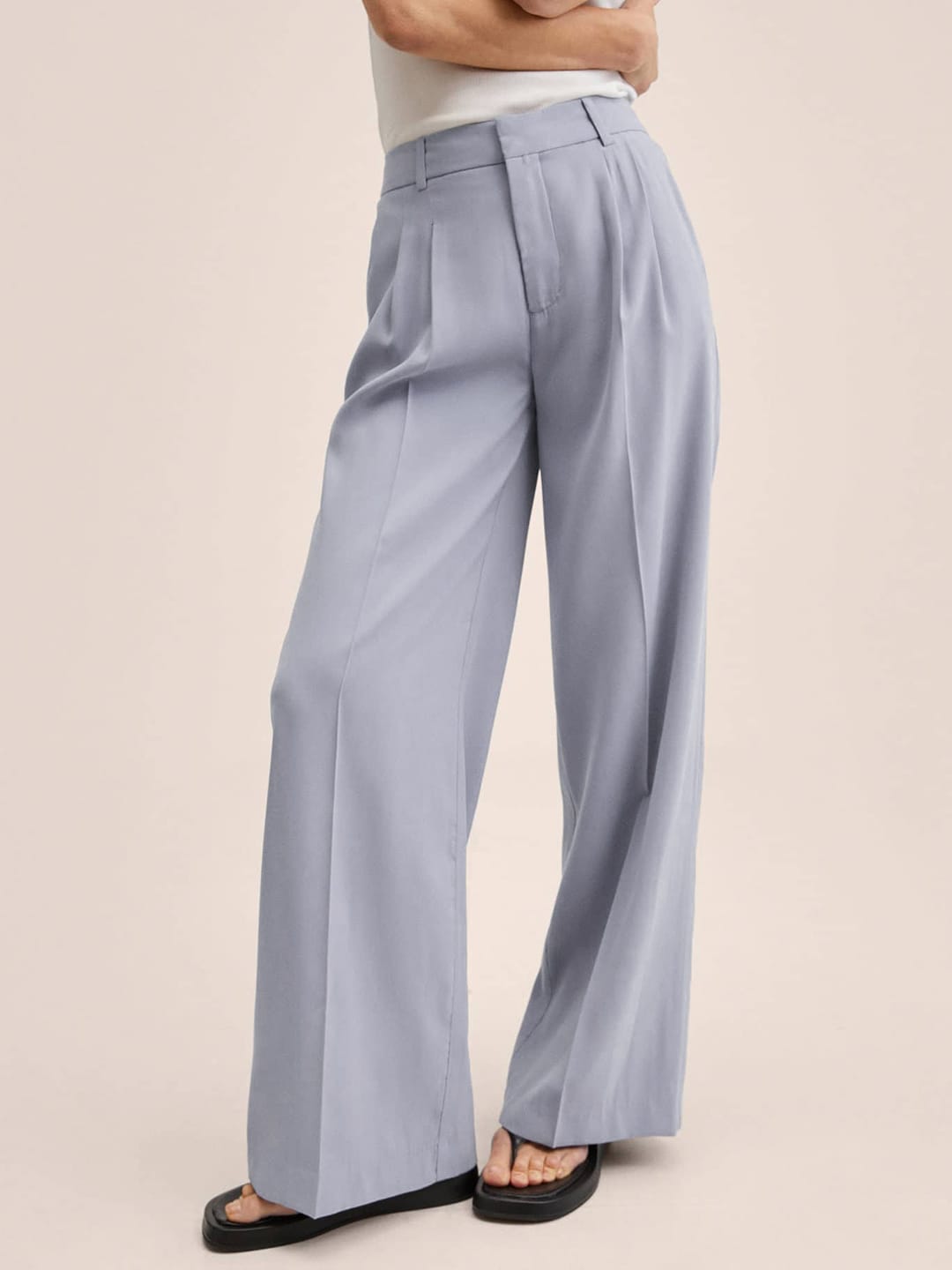 MANGO Women Blue Pleated Paralllel Trousers Price in India