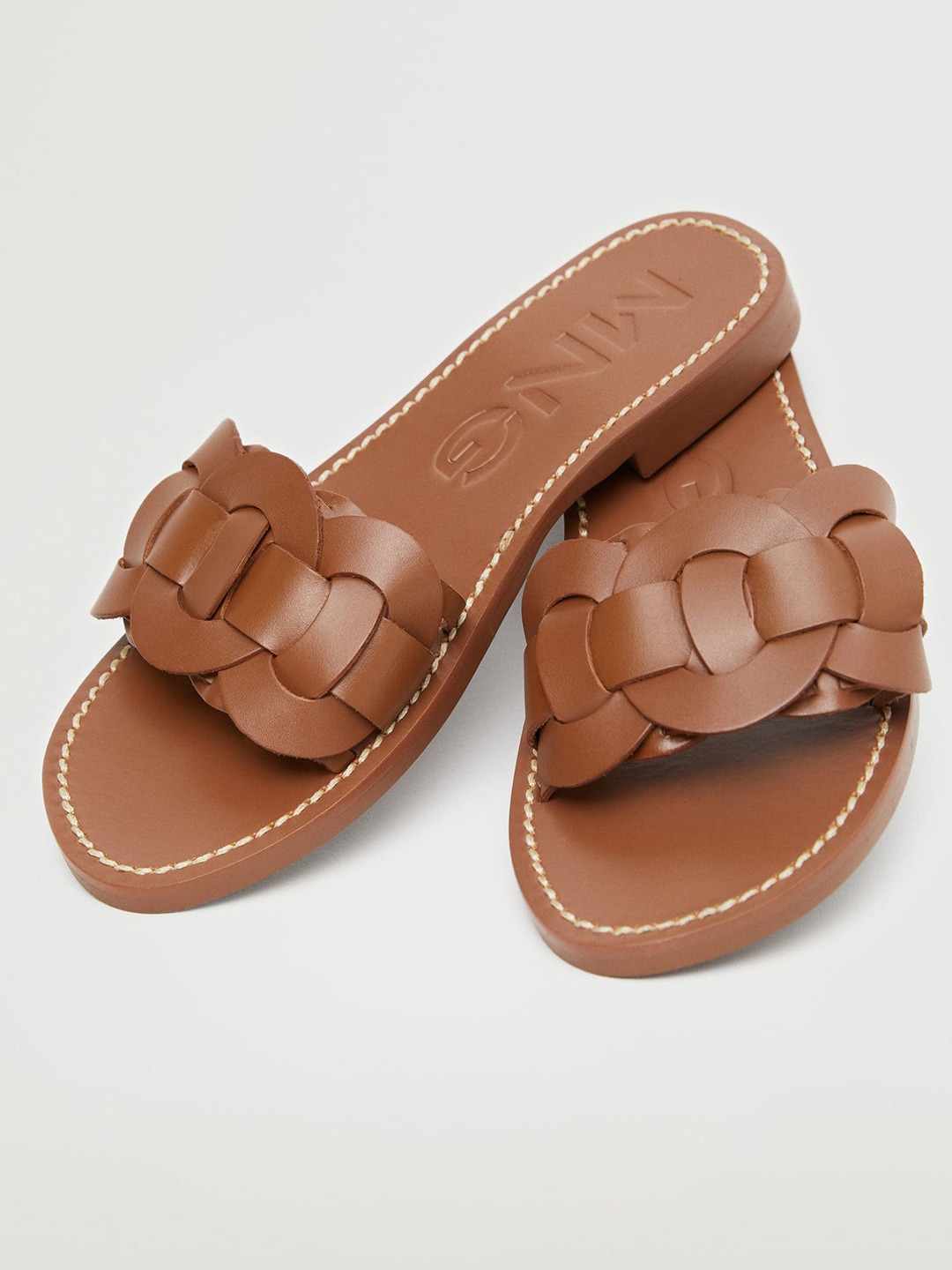 MANGO Women Tan Brown Solid Braided Leather Open Toe Flats Price in India