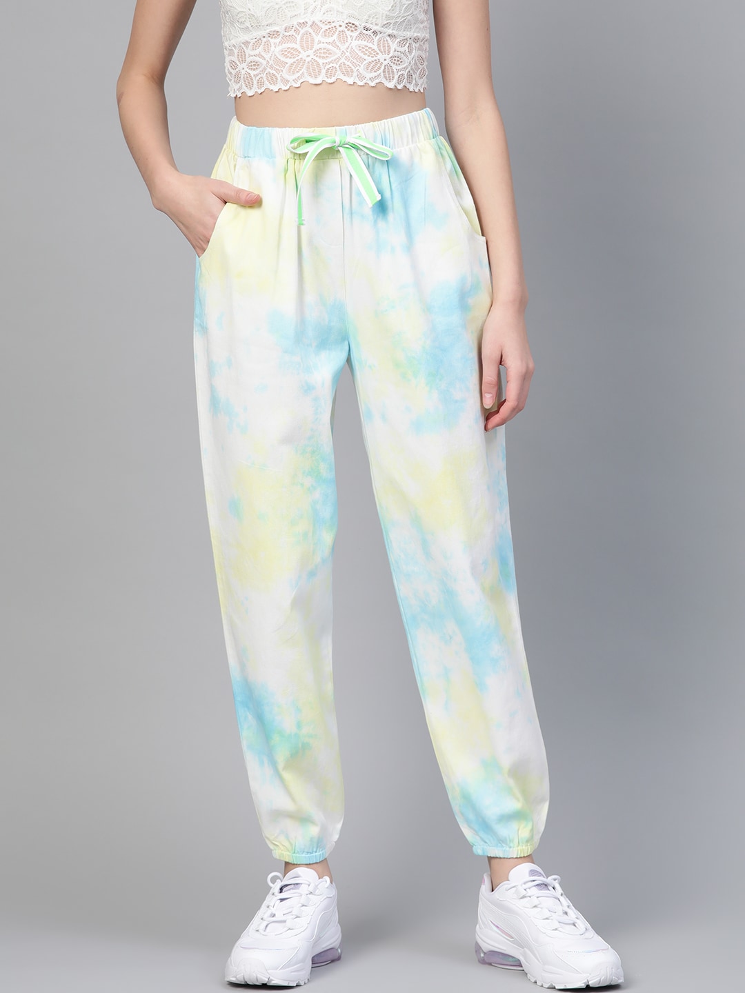 SASSAFRAS Women Off-White & Blue High-Rise Dyed Pure Cotton Joggers Price in India