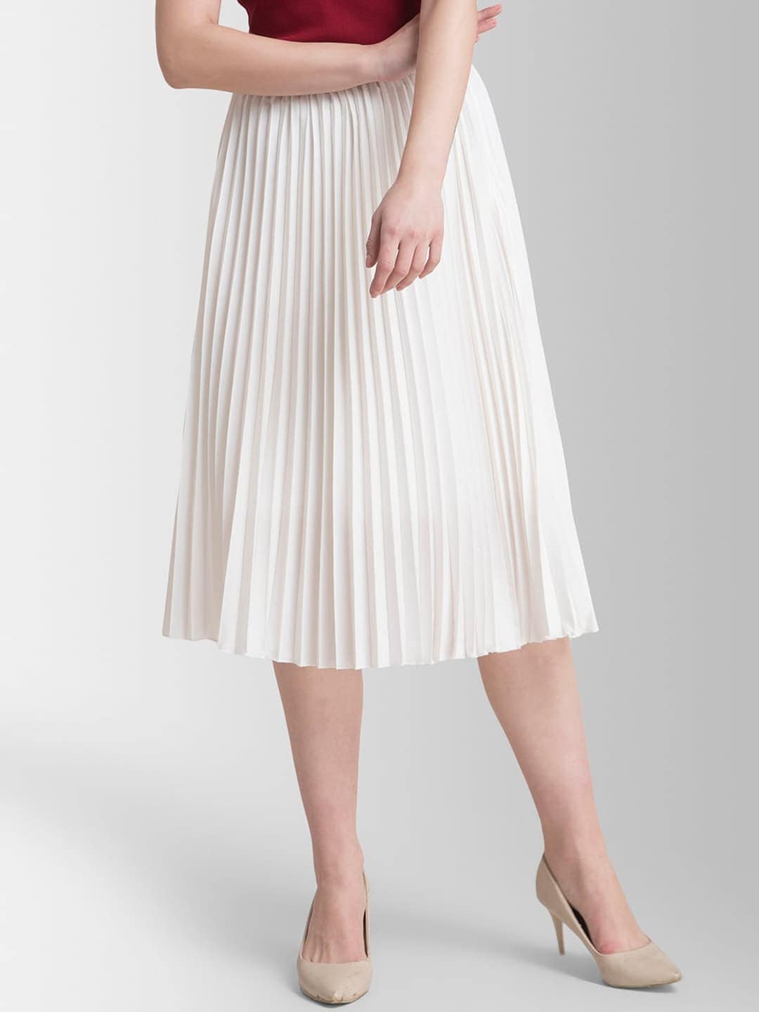 FableStreet White Accordion Pleated A-Line Midi Skirt Price in India