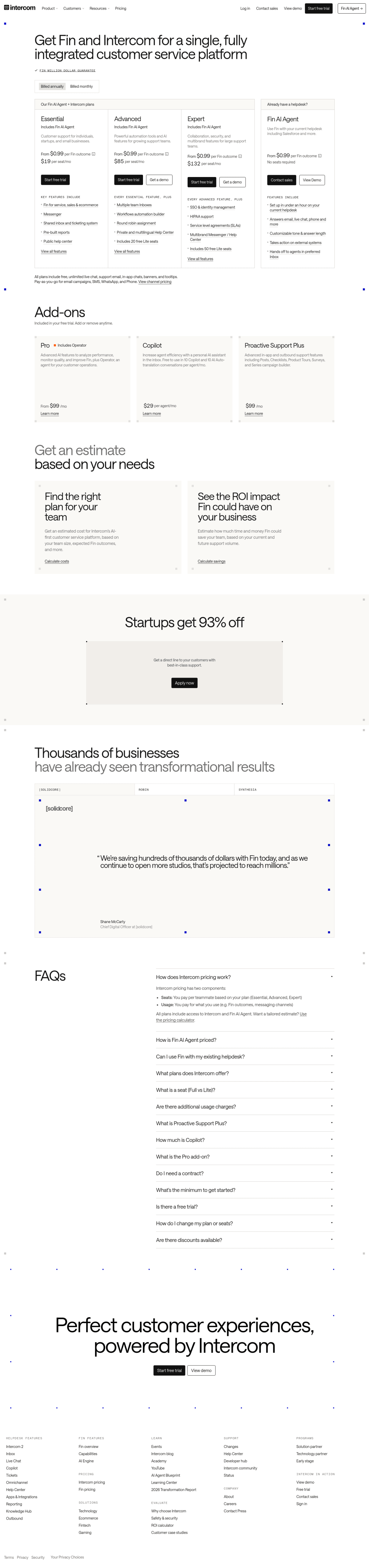 Intercom pricing page screenshot