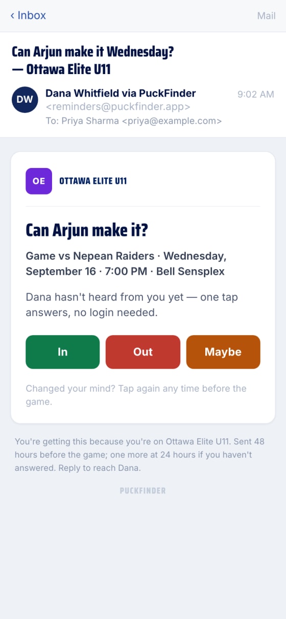 The 48-hour reminder email on a phone, with In, Out and Maybe buttons
