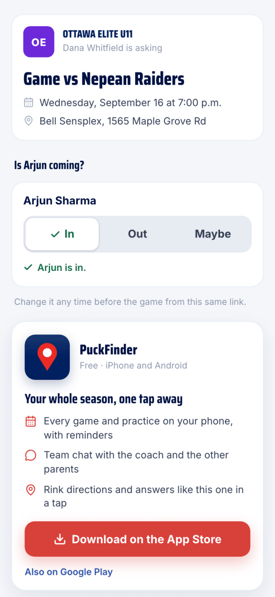 The answer page after tapping In: Arjun is in, then the app card