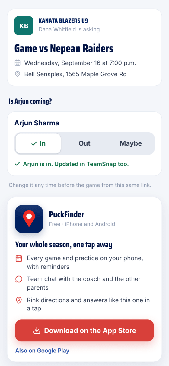An answer on a TeamSnap-synced team, confirmed as updated in TeamSnap too