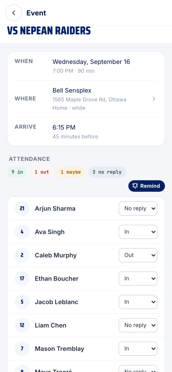 The event page's Attendance counts with a Remind button beside 3 no reply