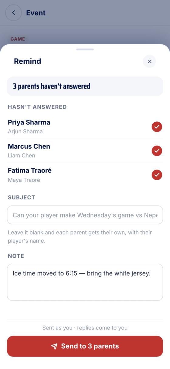 The Remind sheet listing three unanswered parents with a note typed in
