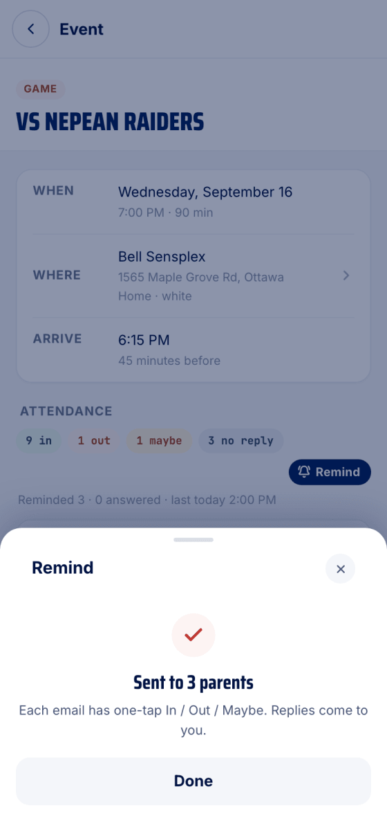 The Remind sheet's done state: Sent to 3 parents