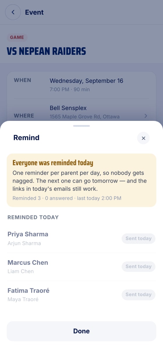 The Remind sheet reading Everyone was reminded today, with Sent today pills