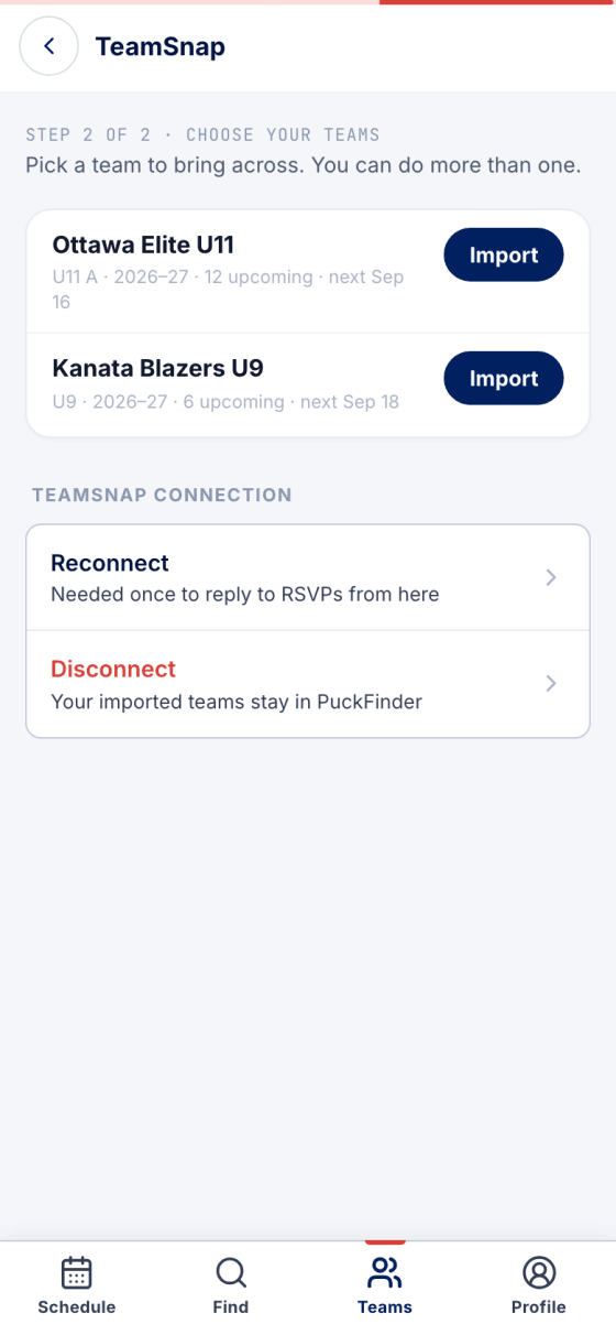 Step 2 of 2: two TeamSnap teams with Import buttons
