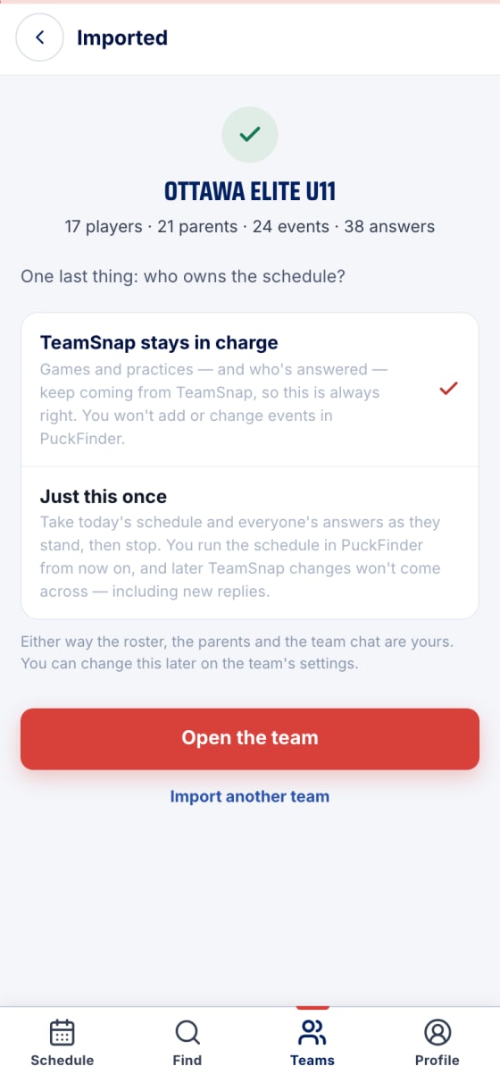 Imported: the two sync options, TeamSnap stays in charge selected