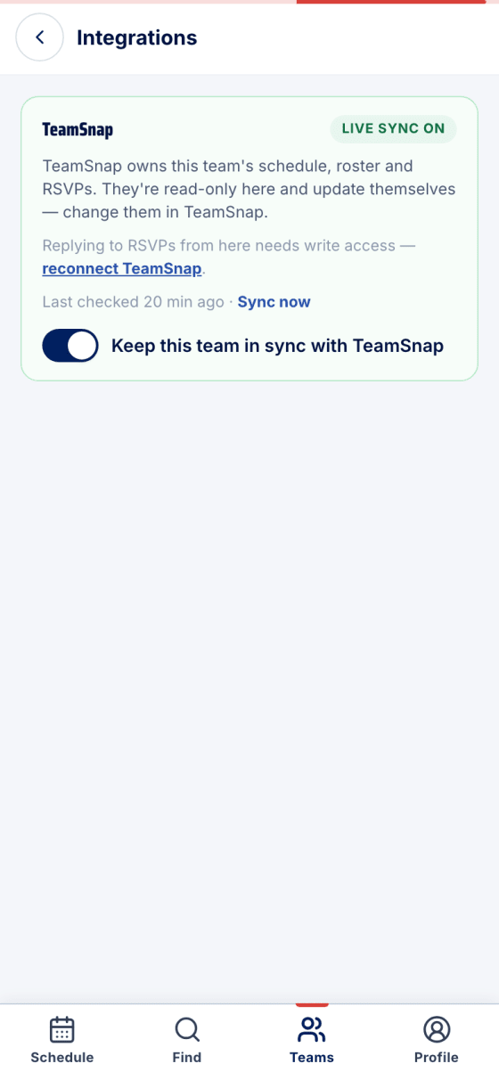 Integrations: TeamSnap with Live sync on, last checked, and the sync toggle