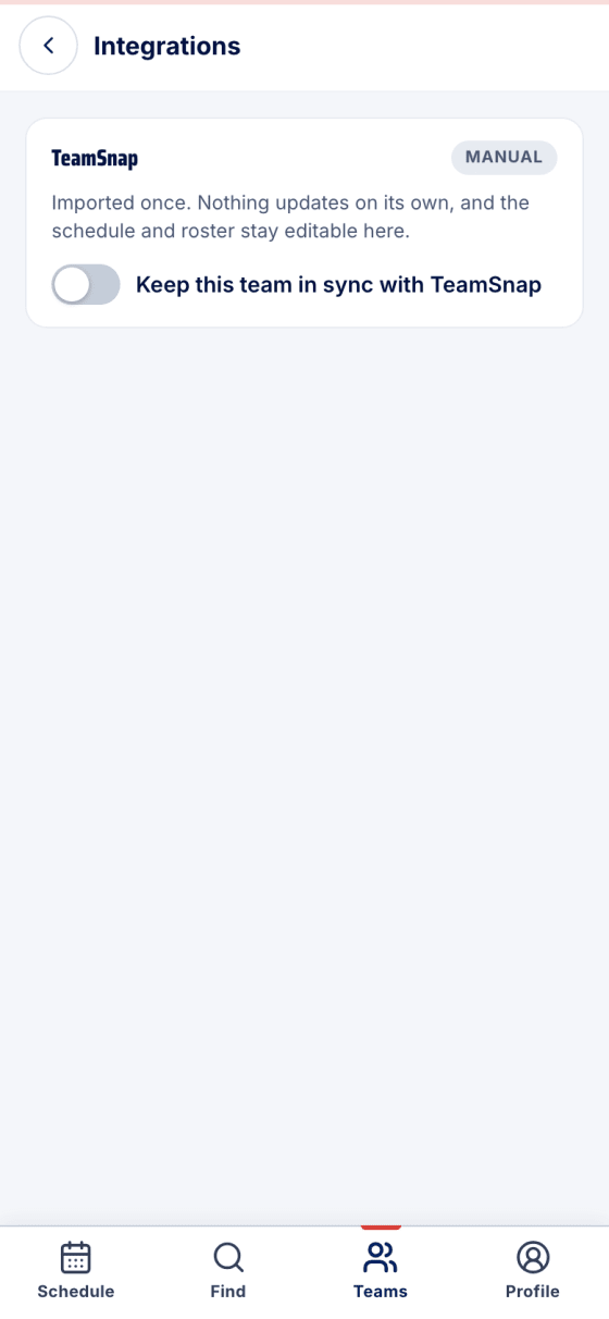 Integrations: TeamSnap marked Manual with the toggle off