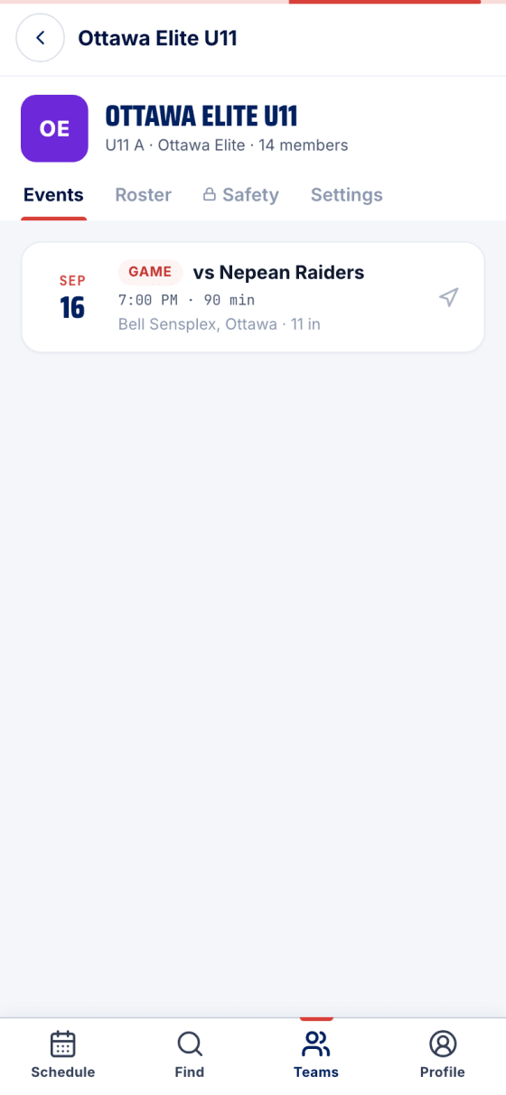 The team's events list with tonight's game against Nepean Raiders