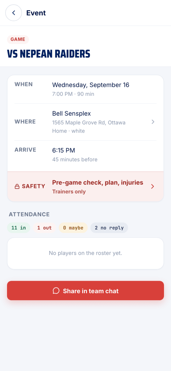 The event page with the trainers-only Safety row highlighted