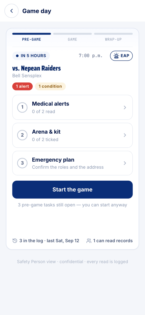 Game day, pre-game: the three tasks and the Start the game button