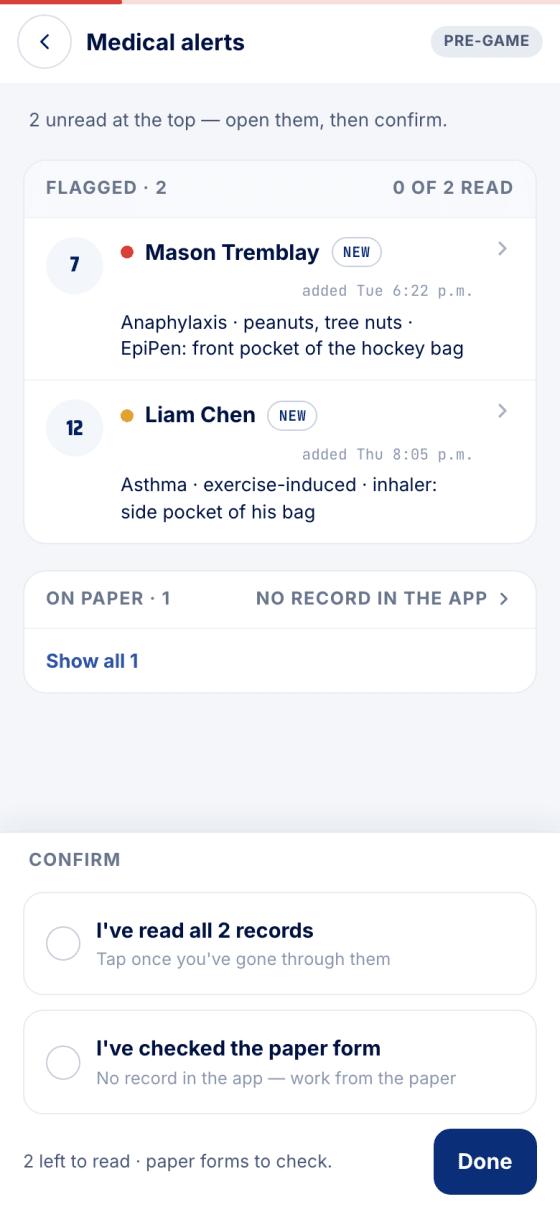 Medical alerts: two flagged players to read and the confirmation checkboxes