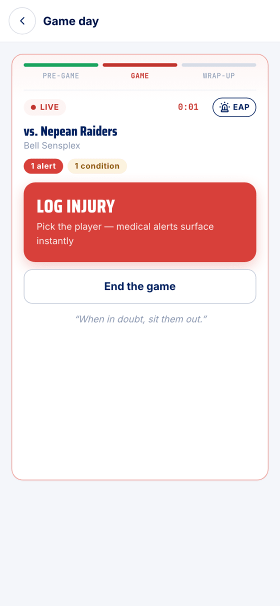 The live bench with the red Log injury button and End the game