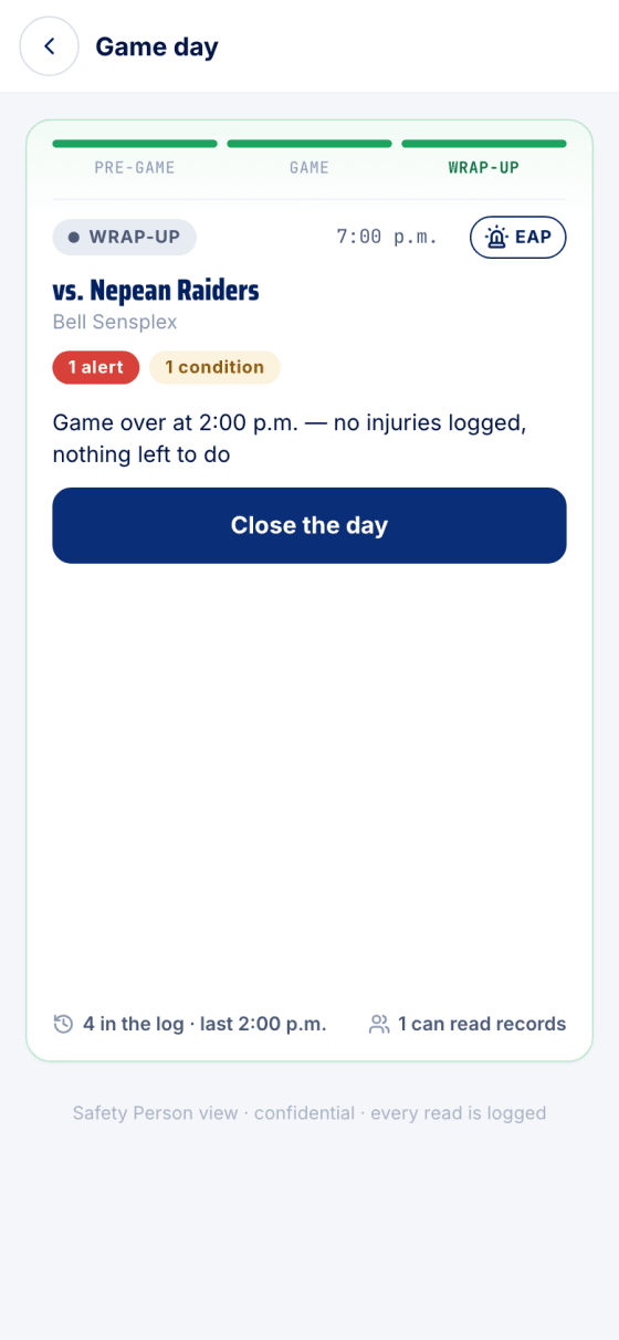 Wrap-up: game over, no injuries logged, Close the day