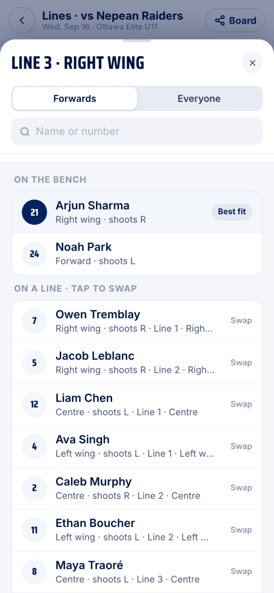 The picker for Line 3 · Right wing with a best-fit player on top