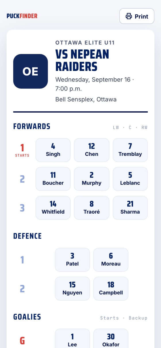The public board: crest, game, forward lines, pairs and goalies