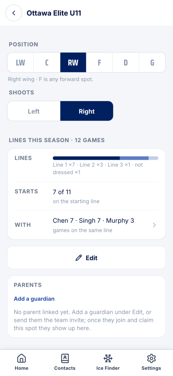 A player's card with position and shoots controls and Lines this season