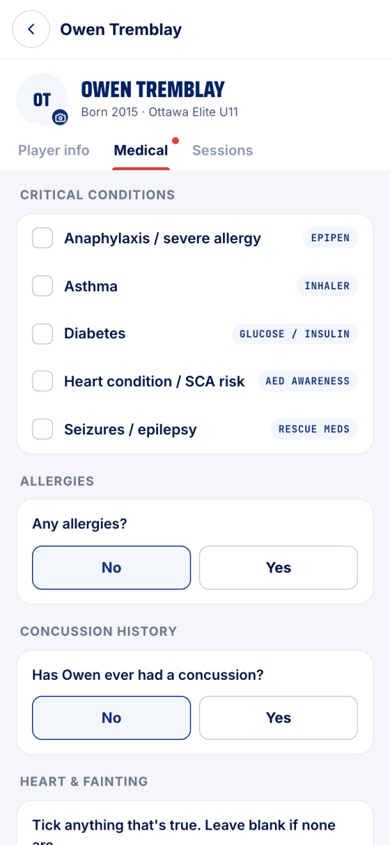 The Medical tab of a player, empty, with the critical-conditions list
