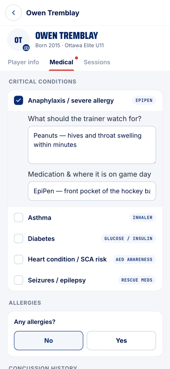Anaphylaxis ticked, with the watch-for and medication fields filled in