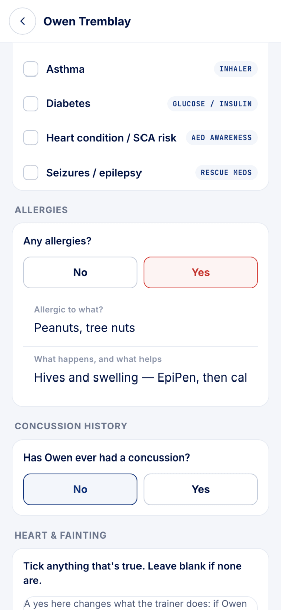 Allergies set to Yes with the two detail fields filled in