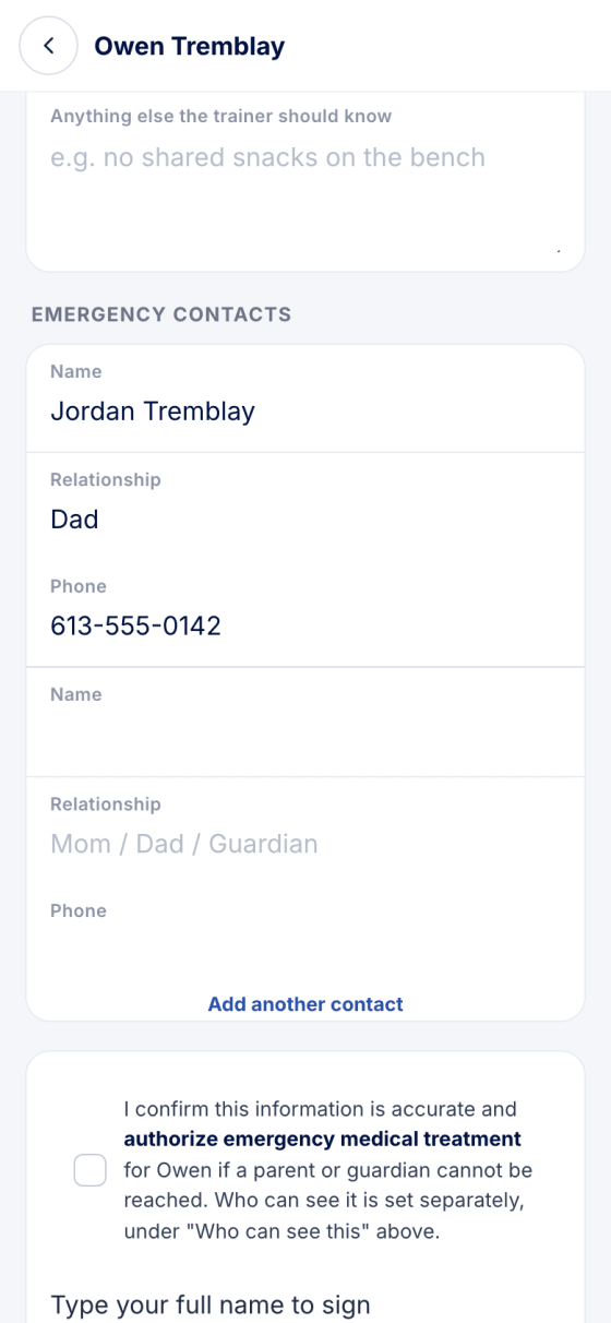 The emergency contacts section with one contact filled in