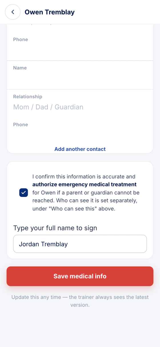 The confirmation ticked, a typed signature, and the Save medical info button