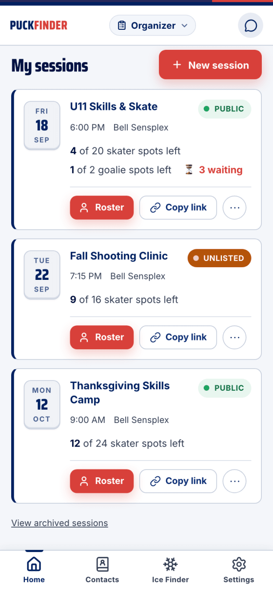 The organizer home: three sessions with spots left, visibility pills and a waitlist count