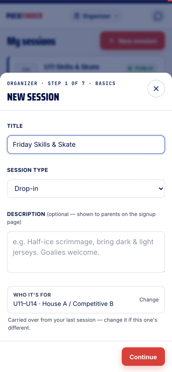The New session sheet, step 1 of 7, with a title typed in