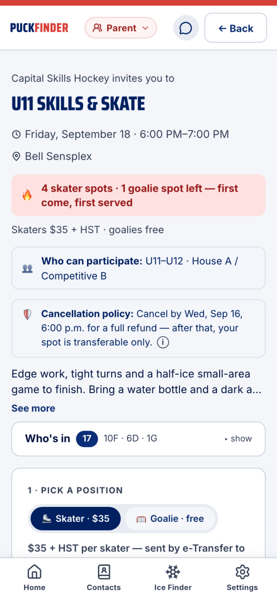 The public signup page with the spots-left banner, price and position picker