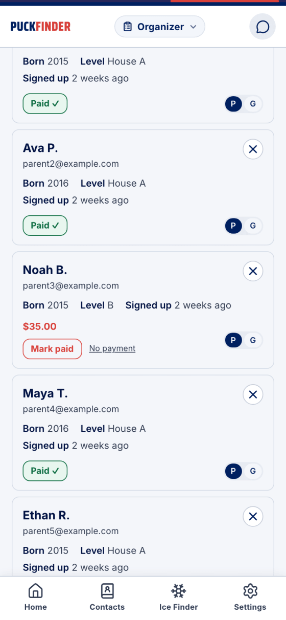 The roster with a booking still owing $35 and a Mark paid button
