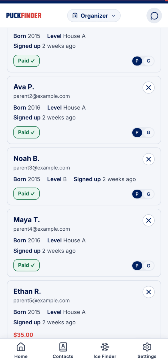 The same roster row now marked Paid