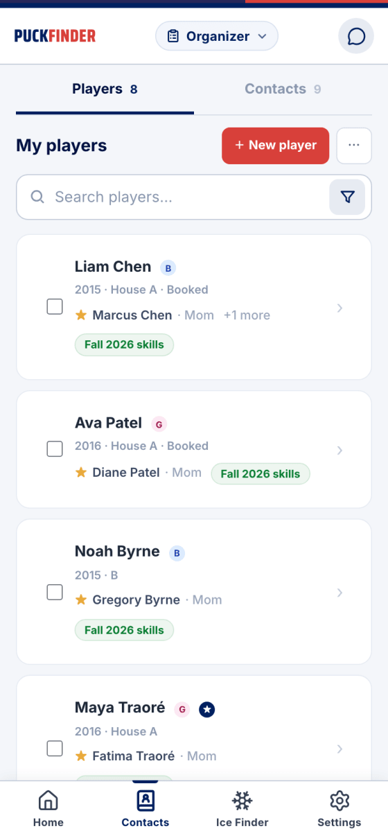 The Players tab of Contacts: players with their primary contact and list tags