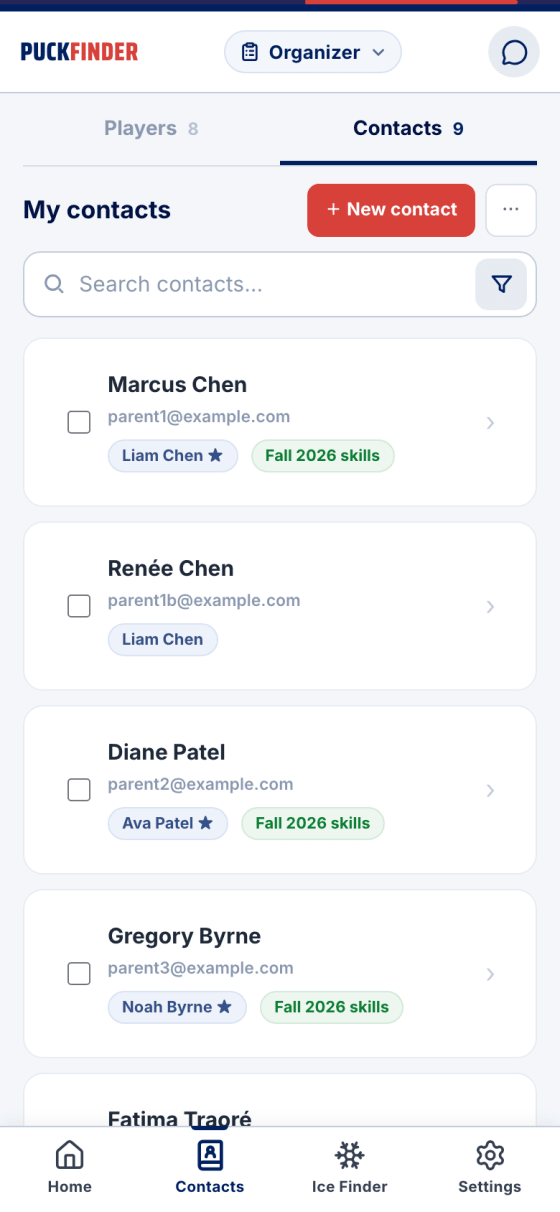 The Contacts tab: parents with the players they're linked to