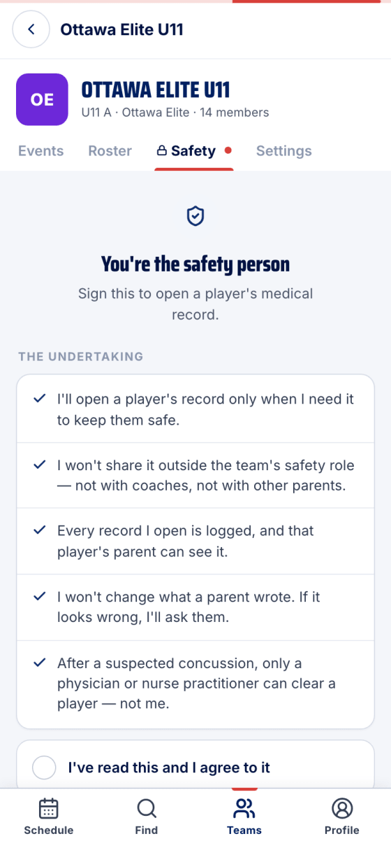 The locked Safety tab: You're the safety person, with the five undertaking lines