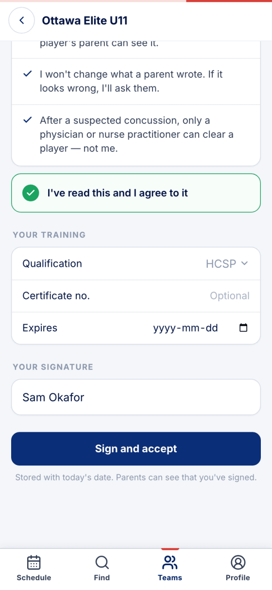 The undertaking agreed, qualification HCSP, a typed signature and the Sign and accept button