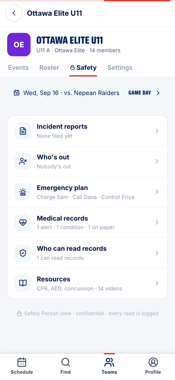 The unlocked Safety tab listing the six safety sections and tonight's game