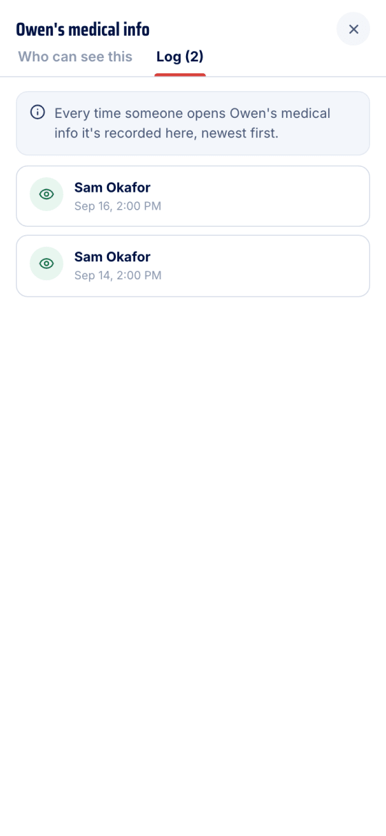 The access log listing two opens by the safety person with dates