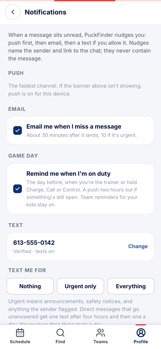 The Notifications settings: push, email, game day reminder and text options