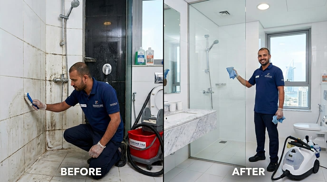 Professional deep cleaning service Dubai technician cleaning bathroom grout and tiles in an apartment