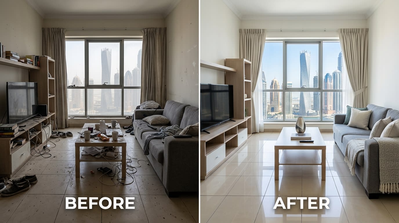 Before and after deep cleaning Dubai apartment professional cleaning results by Karigar UAE