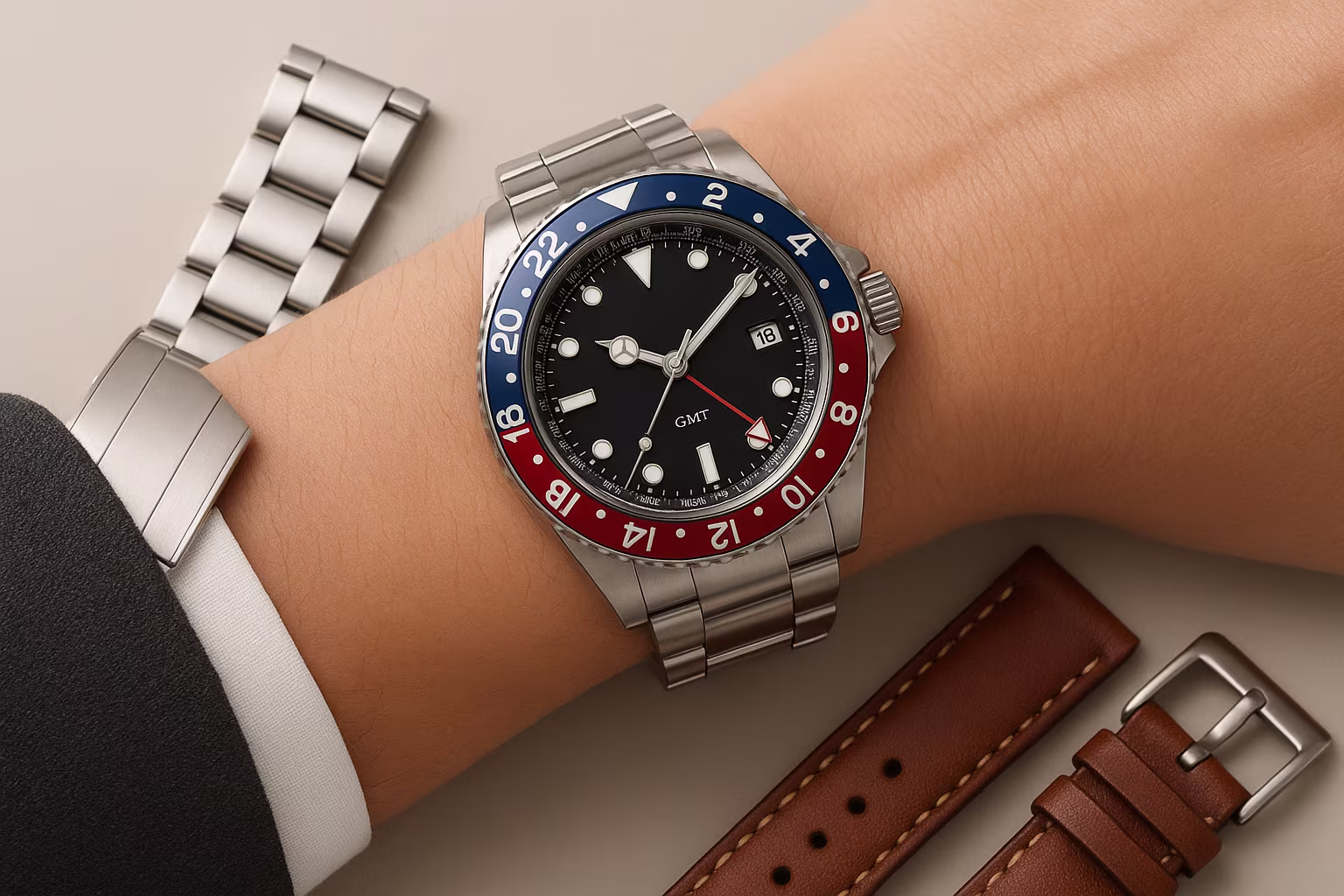 Gros plan d'une montre GMT au poignet montrant l'aiguille 24 heures et une lunette 24h, bracelet métal et cuir posés à côté
