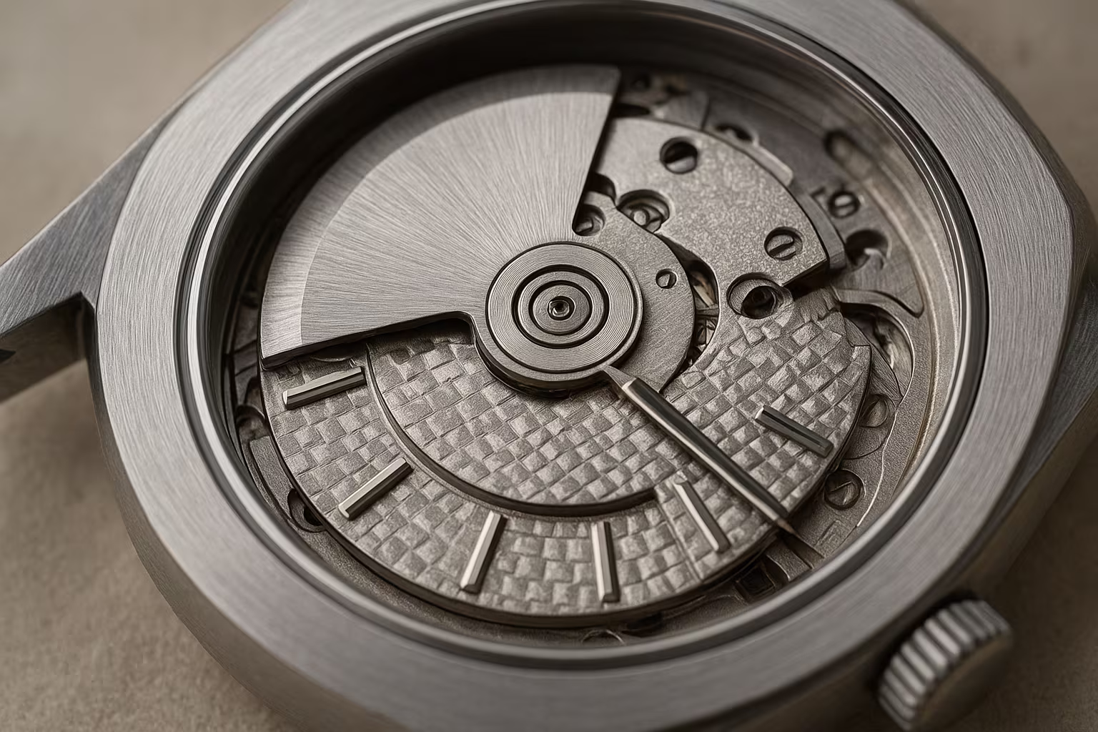 Gros plan d'une montre cinétique montrant le rotor oscillant et le boîtier en acier inoxydable